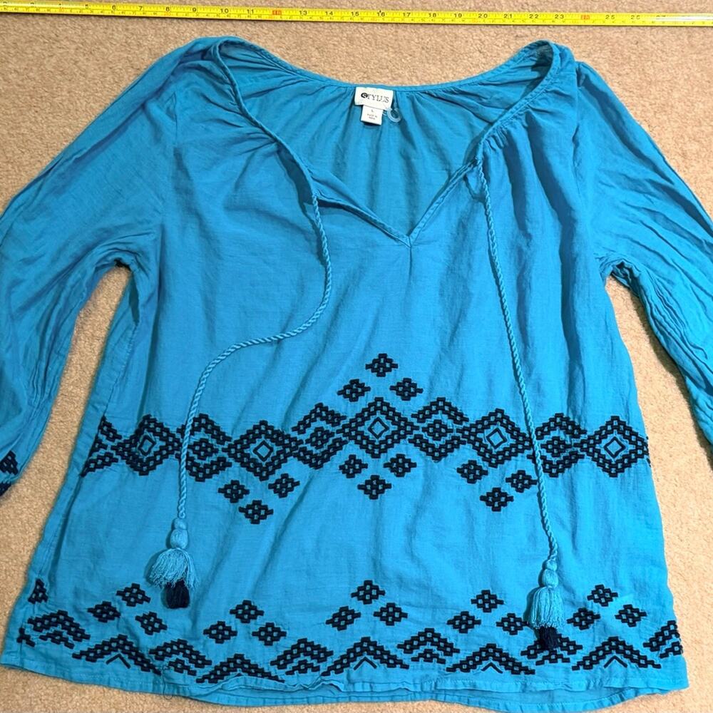 STYLUS Blue Embroidered Boho Peasant Blouse Size L Tassel Tie Neck Long Sleeve